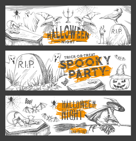 Halloween night vector sketch party bannersのイラスト素材