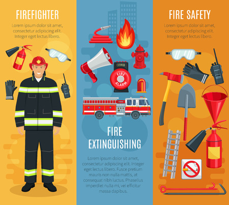 Firefighting vector banners set of fireman toolsのイラスト素材