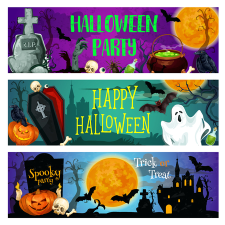 Halloween party banner with ghost on cemeteryのイラスト素材