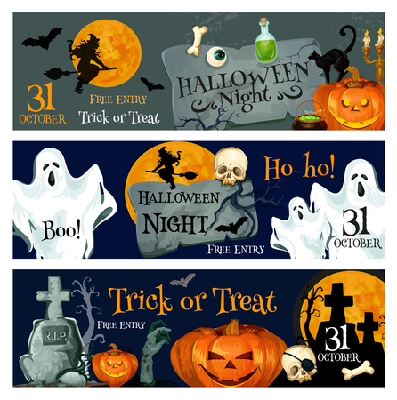 Halloween holiday spooky ghost and pumpkin bannerのイラスト素材