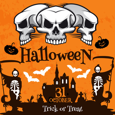 Halloween holiday poster with haunted house, skullのイラスト素材