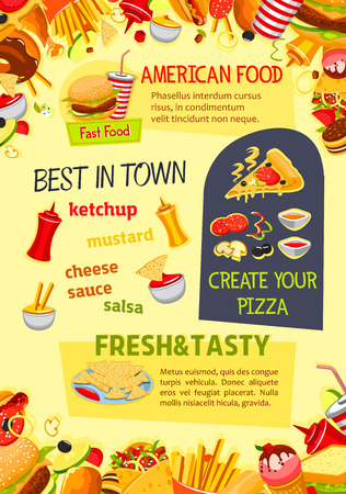 Fast food poster of pizza, burgers or sandwiches and fastfood desserts. Vector template of cheeseburger, hamburger or hot dog, ice cream and popcorn, coffee or soda drink for bistro or restaurant menuのイラスト素材