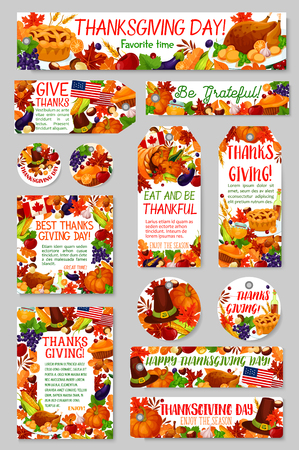 Thanksgiving Day and autumn harvest holiday gift tag set. Cornucopia with fall maple leaf, pumpkin, corn vegetable, roast turkey, apple fruit, pie, pilgrim hat for Thanksgiving greeting card designのイラスト素材