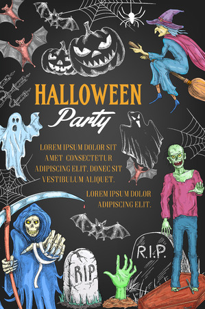 Halloween holiday party witch vector sketch posterのイラスト素材