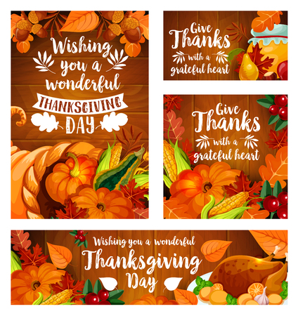 Thanksgiving Day greeting card and banner template set. Fall season leaf and autumn harvest cornucopia with pumpkin, corn vegetable, apple fruit, roast turkey, cranberry and acorn on wooden backgroundのイラスト素材