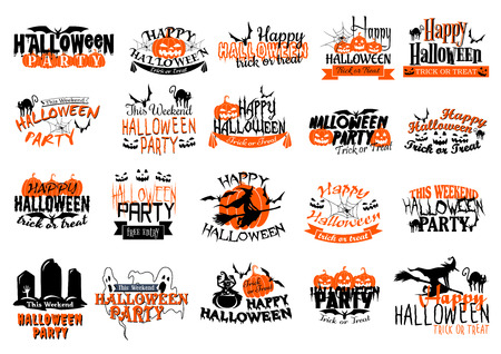 Happy Halloween icons set for party or holiday greeting card. Vector set of orange Halloween pumpkin lantern, ghost or zombie and vampire, witch at haunted graveyard, skeleton skull and coffinのイラスト素材