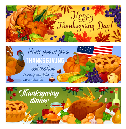 Thanksgiving day greeting or holiday dinner invitation banners. Vector set of American flag, roasted turkey chicken and fruit pie, pumpkin or corn and mushroom harvest cornucopia in maple leafのイラスト素材