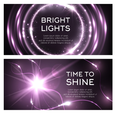 Light flash or lightning shine effect of spark burst. Vector glittering bright lights and sparkling glitter beams or ray with shiny twinkling stars and radial illumination with purple color backgroundのイラスト素材