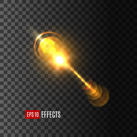 Light flash beam with lens flare effect on transparent background. Vector isolated icon of starlight or sun ray of glittering sunlight or solar space burst and twinkling lightのイラスト素材