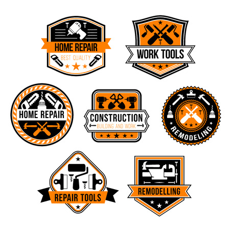 Home repair and construction work tools icons. Vector isolated set of carpentry hammer or saw and woodwork drill or grinder, screwdriver and house renovation trowel and paint brushのイラスト素材