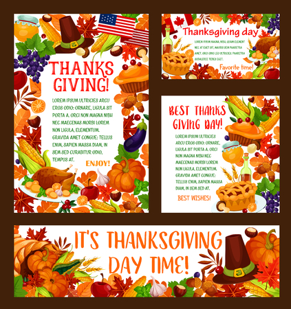 Thanksgiving Day greeting banner set. Autumn harvest holiday template with pumpkin vegetable, turkey, fallen leaf, pilgrim hat, cornucopia with apple fruit, grape, pie, honey, acorn and autumn foliageのイラスト素材