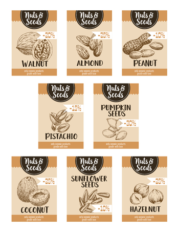 Nuts price posters or cards templates. Vector sketch set of coconut, almond or peanut and pistachio, pumpkin and sunflower seeds, walnut and hazelnut snack for nut shop or market percent discountのイラスト素材