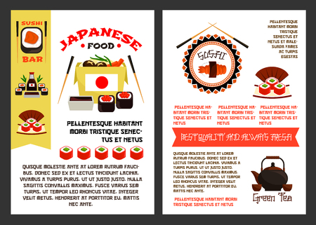 A Japanese food or sushi reataurant posters templates set for menu. Vector Asian cuisine design of fish sushi rolls, tuna sashimi or eel unagi maki and rice, chopsticks and green tea potのイラスト素材