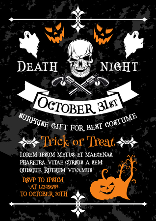 Halloween holiday poster of horror death party invitation template. Spooky skeleton skull banner, decorated with Halloween pumpkin lantern and ghost, gun and ribbon banner for autumn holiday designのイラスト素材