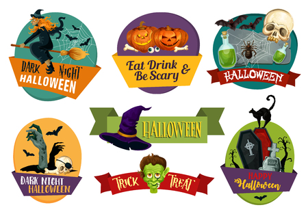 Halloween party and trick or treat celebration icons for greeting card design. Vector set of Happy Halloween Jack pumpkin, witch on broom or skeleton skull and zombie dead hand or tomb on graveyardのイラスト素材