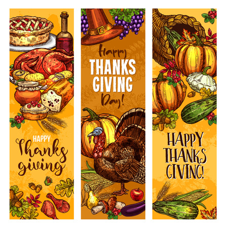 Happy Thanksgiving Day greeting banners. Vector sketch design of roasted turkey and fruit pie or bread, pumpkin or corn and mushroom harvest in cornucopia, pilgrim hat or maple and oak leaf or rowanのイラスト素材
