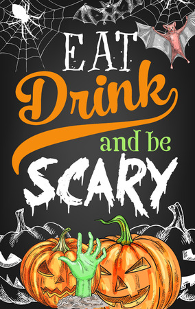 Halloween party pumpkin Jack lantern sketch poster for eat, drink and be scary design. Vector zombie hand on black graveyard tombstone, witch bats in spider web for Halloween holiday celebrationのイラスト素材