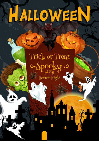 Halloween trick or treat night and party pumpkin Jack lantern poster for horror celebration. Vector Halloween pumpkin on tombstone, monster zombie and skeleton skull on grave and happy spooky ghostのイラスト素材