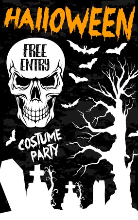 Halloween holiday banner with horror skull. Spooky skeleton with bat, graveyard, creepy tree and gravestone white silhouette for Halloween night party poster or invitation flyer designのイラスト素材