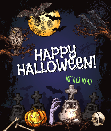 Happy Halloween trick or treat spooky monster sketch poster design template for horror holiday party. Vector zombie skeleton skull, Halloween pumpkin lantern and spooky ghost on tombstone graveyardのイラスト素材