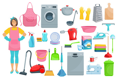 Homework flat icons for house washing, cleaning and needlework. Vector set of woman with vacuum cleaner, dishwasher machine, kitchenware grater, saucepan or sponge, mopping brush and soap detergentのイラスト素材