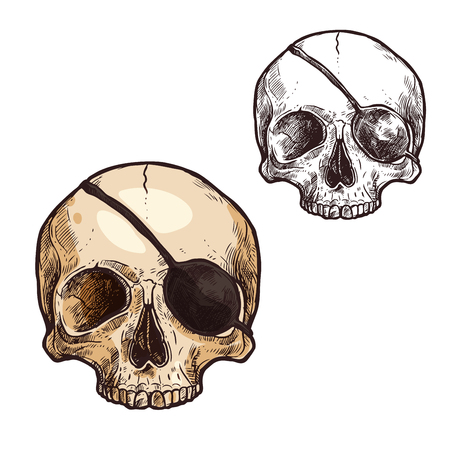 Halloween skull scary skeleton sketch icon. Vector dead zombie scary head with pirate eyepatch. Isolated symbol of Halloween horror holiday party and trick or treat holiday celebrationのイラスト素材