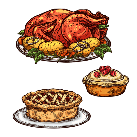Thanksgiving day roasted turkey chicken, apple fruit or berry pie sketch icon. Vector isolated symbol of traditional dinner food dish for Thanksgiving seasonal holiday greeting design templateのイラスト素材