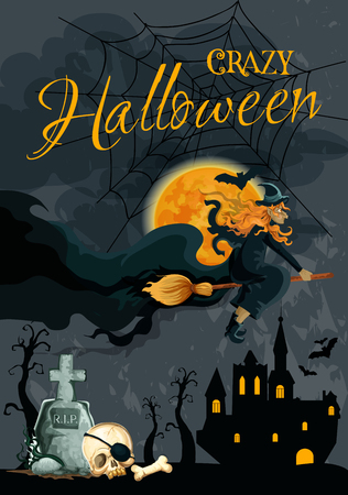 Halloween trick or treat holiday poster of witch flying on broom on haunted castle house in night. Vector Halloween greeting card design of skull bones on tomb and grave, spider web and black batsのイラスト素材