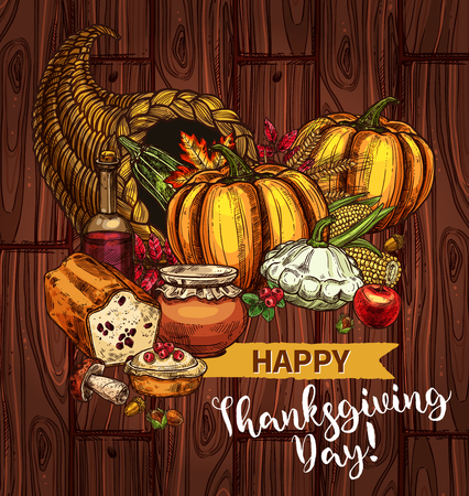 Happy Thanksgiving Day greeting posters and banners of roasted turkey and pie or bread, pumpkin or corn and fruit harvest. Thanksgiving holiday vector sketch pilgrim hat, maple and oak leafのイラスト素材