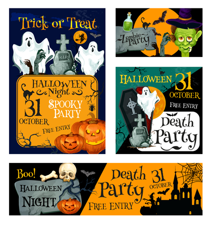 Halloween night zombie party banner template. Halloween holiday pumpkin lantern, bat and ghost, witch and black cat, creepy skeleton skull, house and cemetery, coffin and moon for invitation designのイラスト素材