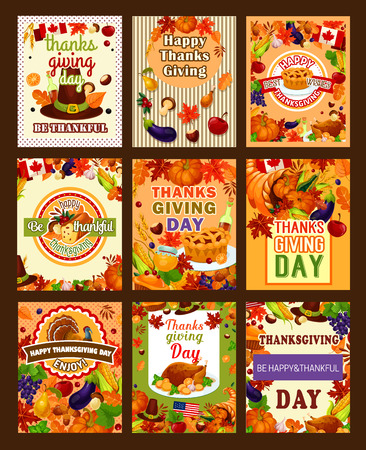 Thanksgiving day greeting posters of turkey and wine, fruit pie, pumpkin or corn, maple leaf or oak acorn on pilgrim hat. Vector Thanksgiving cornucopia harvest for traditional thankful holidayのイラスト素材