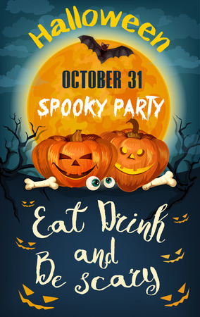 Halloween party pumpkin Jack lantern and moon invitation poster template. Vector design of scary skull and skeleton zombie bones on cemetery grave, spooky ghost eyes for Halloween celebrationのイラスト素材