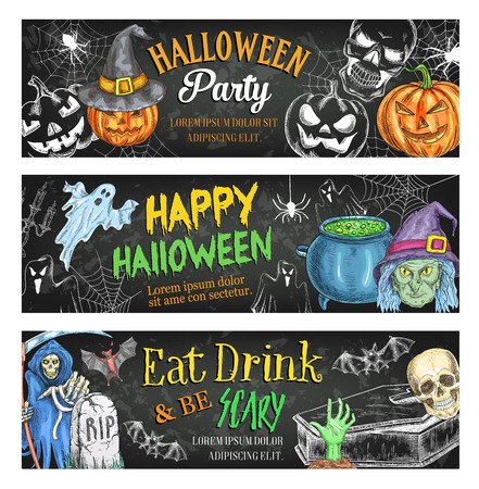 Halloween holiday horror or death party sketch banners for trick or treat night. Vector Halloween pumpkin lantern, death and scythe or skeleton skull and witch potion cauldron or tomb on graveyardのイラスト素材