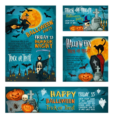 Halloween banner set of autumn holiday and horror party poster template. Halloween pumpkin and ghost, bat and witch, spooky skeleton on cemetery, haunted house and black cat for greeting card designのイラスト素材