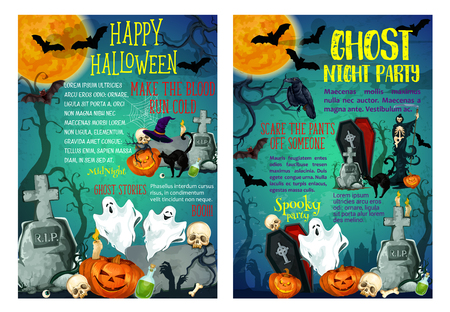 Halloween spooky ghost party invitation posters design of scary orange pumpkin lanterns. Vector trick or treat horror holiday coffin on grave, witch or zombie tombstone and black cat, moon and skullのイラスト素材