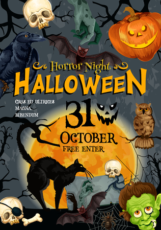 Halloween trick or treat spooky monster party poster or invitation card flyer design template. Vector zombie skeleton skull, Halloween pumpkin lantern and spooky ghost on tombstone in scary graveyardのイラスト素材