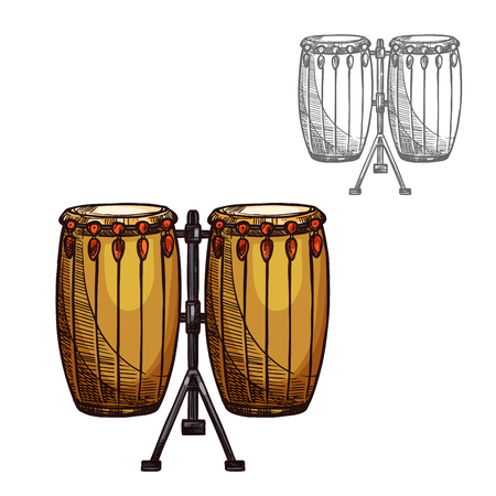 Drums musical instrument sketch icon. Vector isolated folk leather and wood drums or ethnic African djembe percussion for jazz or classic music concert design and orchestra festivalのイラスト素材