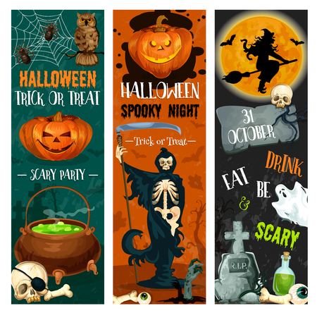 Halloween trick or treat night and spooky party sketch banners of pumpkin Jack lantern and zombie monsters. Vector Halloween witch on moon, tombstone and skeleton skull on grave or happy spooky ghostのイラスト素材