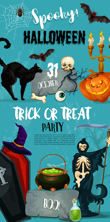 Halloween trick or treat party invitation poster of pumpkin lantern, witch in coffin and spooky death. Vector horror design of Halloween night zombie hand and tomb or potion cauldron on graveyardのイラスト素材