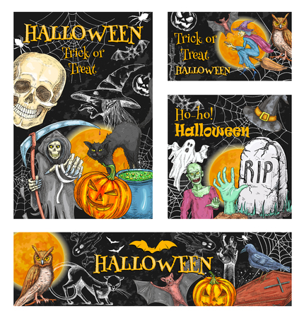 Halloween trick or treat holiday celebration monsters sketch posters of pumpkin lantern. Vector zombie hand or skeleton skull and death, coffin and tomb on grave, witch broom for Halloween partyのイラスト素材