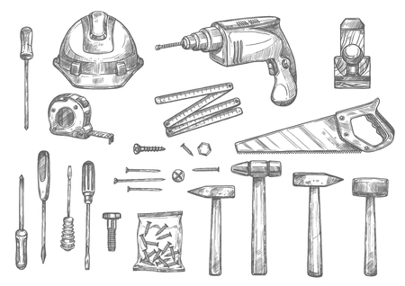 Vector sketch icons of repair work toolsのイラスト素材