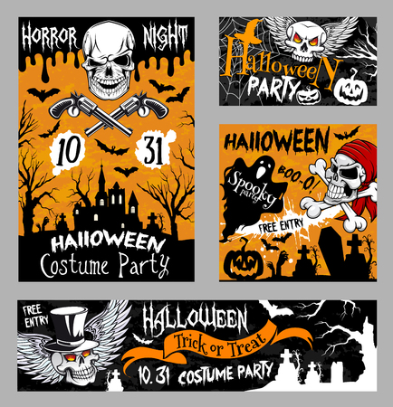 Halloween horror skull poster, night party designのイラスト素材