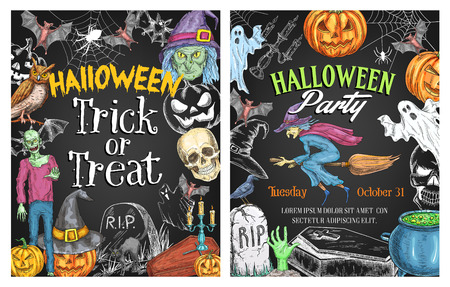 Halloween holiday horror poster on chalkboardのイラスト素材