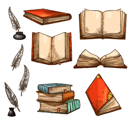 Vector icons of old books and manuscripts sketchのイラスト素材
