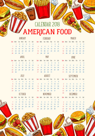 Vector fast food calendar 2018 template sketchのイラスト素材