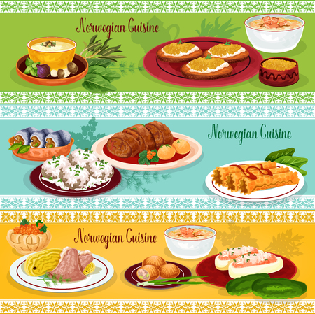 Norwegian cuisine seafood lunch banner setのイラスト素材