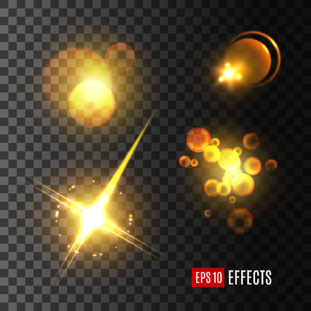 Light effect set of golden glitter, star, sun beamのイラスト素材