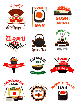 Japanese food emblem set with sushi, seafood riceのイラスト素材