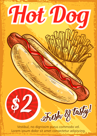 Hot dog fast food restaurant retro poster templateのイラスト素材