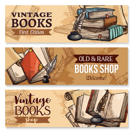 Old book with feather pen and inkwell banner setのイラスト素材